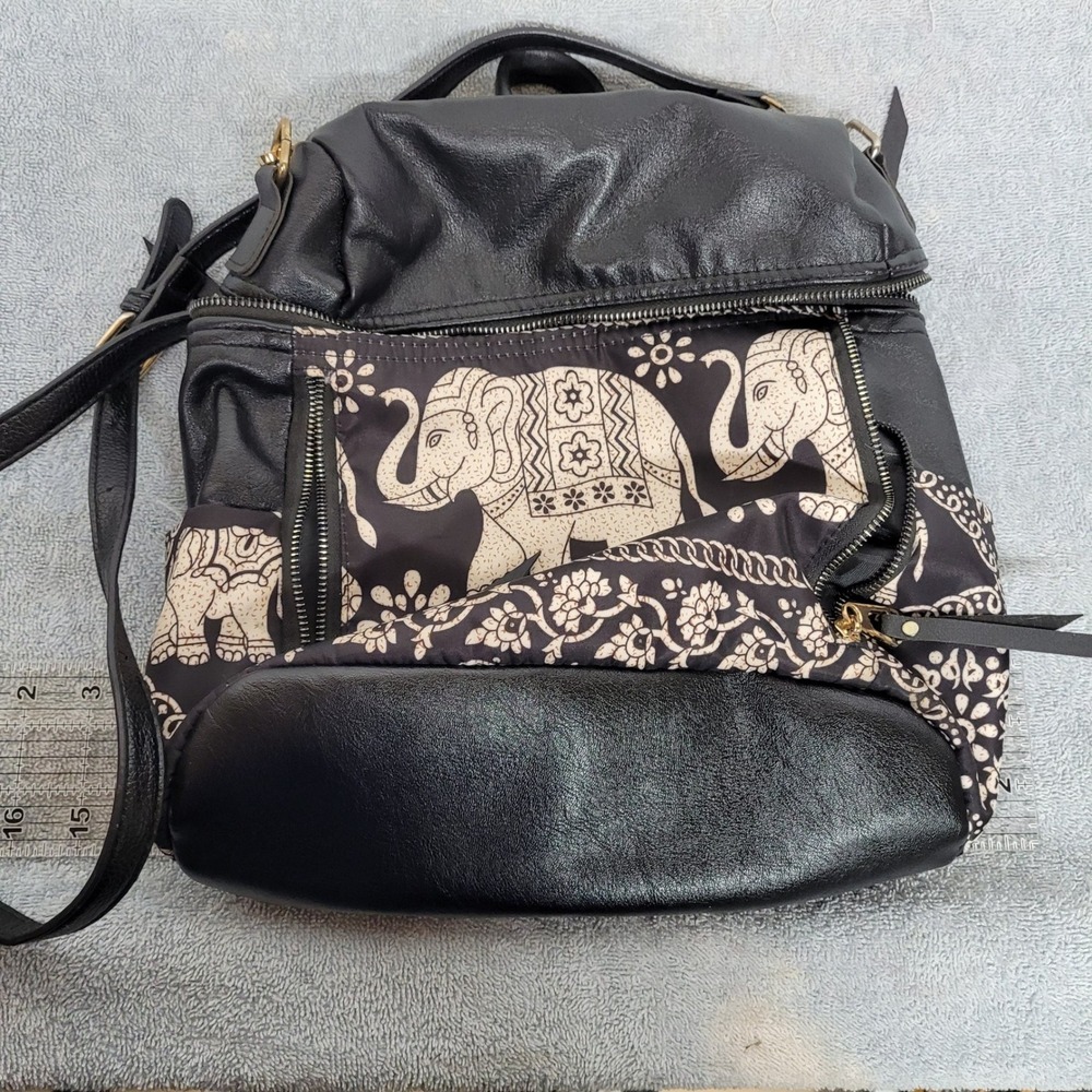 Black Faux Leather Convertible Backpack Shoulder Bag Gold Elephant Patterned